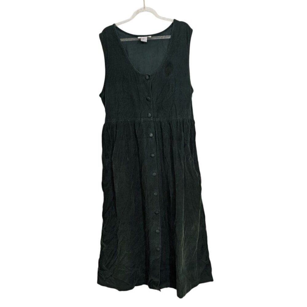 Talbots Corduroy Midi Shirt Dress Womens Size 12 Green Cotton Pockets Sleeveless